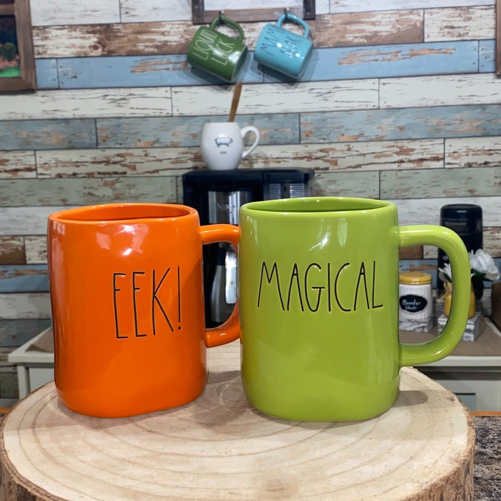 Rae Dunn Set "Magical" & "EEK!" Mug Halloween Green & Orange